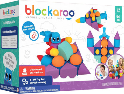 Blockaroo Magnetic Foam Building Blocks – 50-Piece Set, Bath & Bathtub Toys for Toddlers, Sensory STEM Building Blocks for Kids Ages 3-5