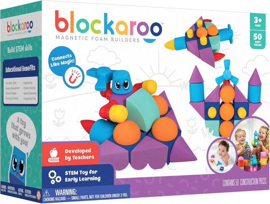 Blockaroo Magnetic Foam Building Blocks – 50-Piece Set, Bath & Bathtub Toys for Toddlers, Sensory STEM Building Blocks for Kids Ages 3-5
