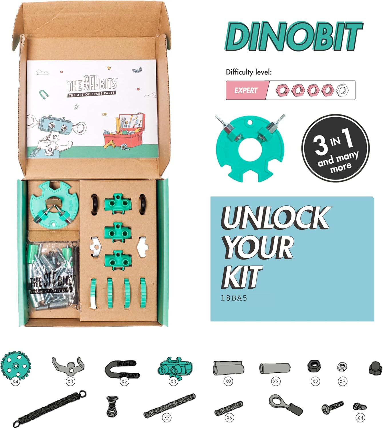 The Off Bits Erector Set: Animal Mini STEM Toys for Kids 6+, Toy Building Sets with Nuts & Bolts, STEM Building Toys Gifts for Boys and Girls (Green Dino)