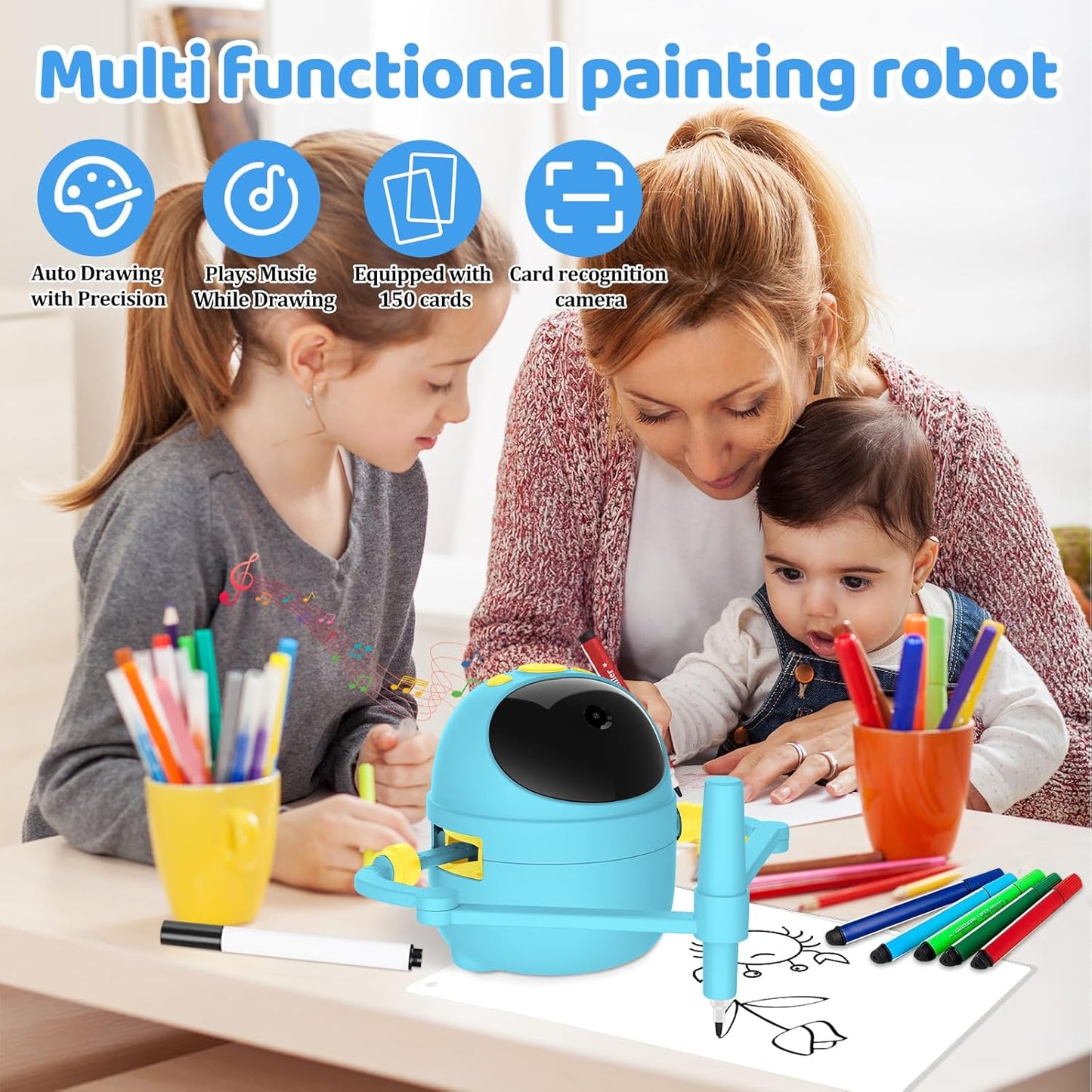 Drawing Robot for Kids with 150 Learning Cards and 17 Colorful Pens, Voice Interactive Educational Smart Art Painting Machine, Step-by-Step Drawing Guidance for Boys Girls Early Learning & STEM Toys
