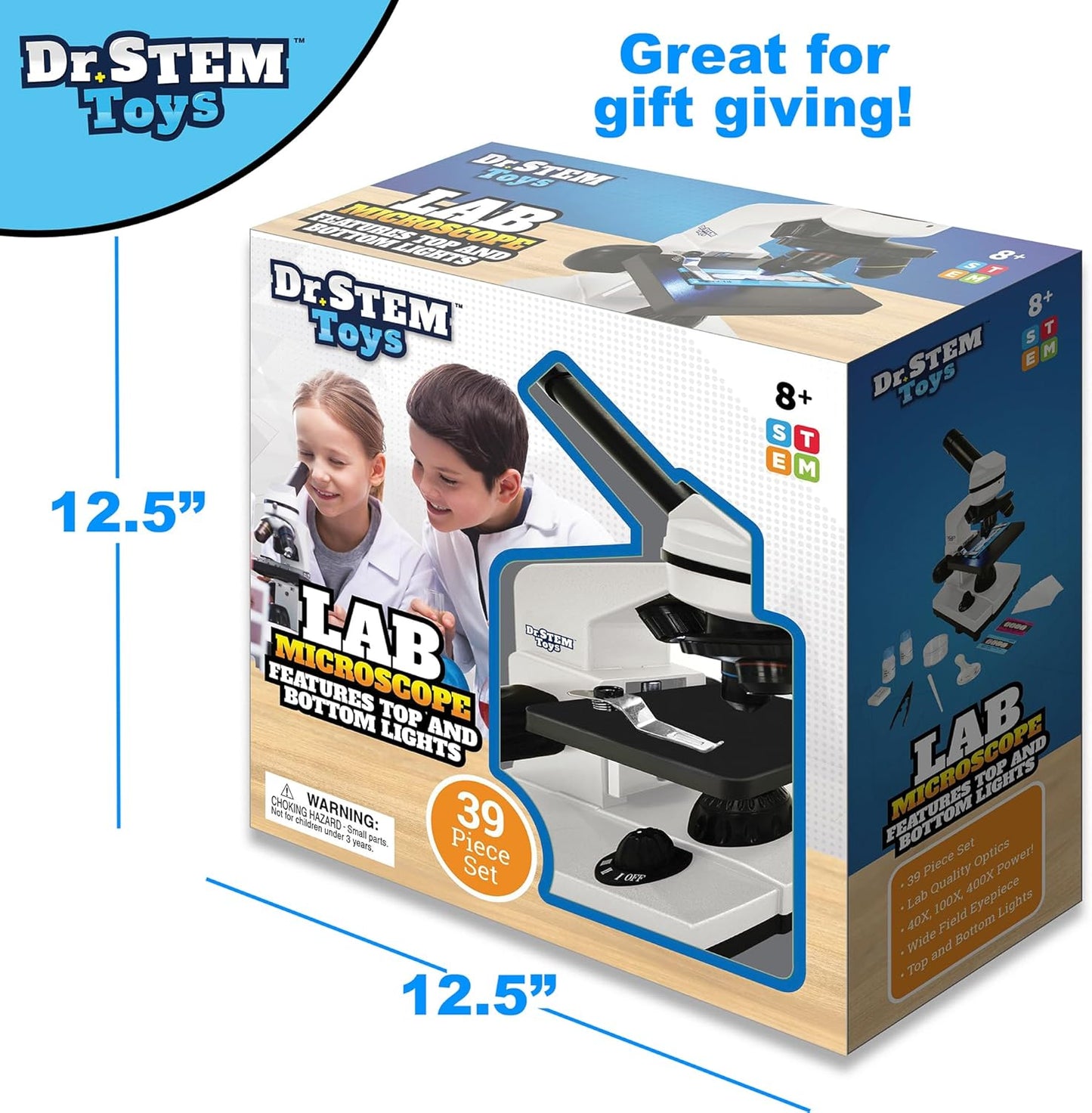 Dr. STEM Toys 39 Piece Microscope Kit for Kids with Top and Bottom Lights, Specimen Slides, 40X, 100X, and 400X Adjustable Lenses - for Kids and Schools (Ages 8+), White