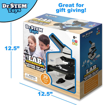 Dr. STEM Toys 39 Piece Microscope Kit for Kids with Top and Bottom Lights, Specimen Slides, 40X, 100X, and 400X Adjustable Lenses - for Kids and Schools (Ages 8+), White