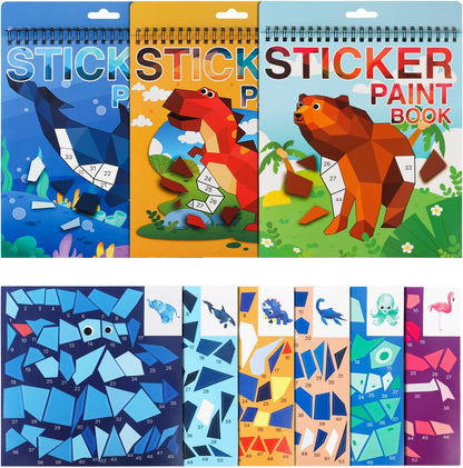 3PCS Sticker Paint Number Books Crafts for Kids Ages 4-8,8-12 Animal Dinosaur Ocean Sticker Book Stickers for Kids Boys Girl Adults for Birthday Party Favors Gift Travel Toy Daycare Activity