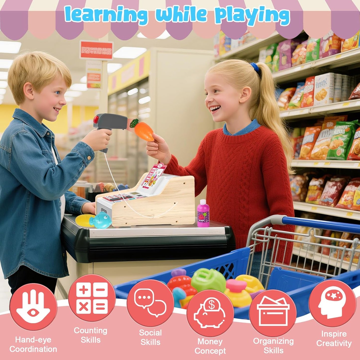 Kids Cash Register Toy Playset, Toddler Prentend Play Store with Real Calculator Cash Register with Scanner/Credit Card/Play Money/Food, Learning Toys for Boys Girls Toddlers(Pink)