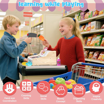 Kids Cash Register Toy Playset, Toddler Prentend Play Store with Real Calculator Cash Register with Scanner/Credit Card/Play Money/Food, Learning Toys for Boys Girls Toddlers(Pink)