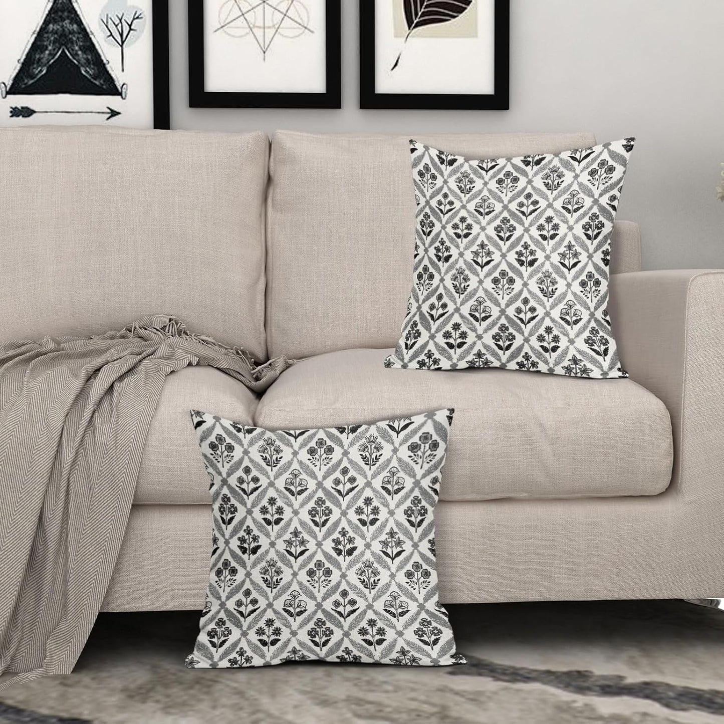 Blue Green Floral Block Print Pillow Covers 12X20 Set of 2, Flower Pattern Spring Summer Print Decorative Throw Pillow Covers Outdoor Farmhouse Seasonal Cushion Case Couch Sofa Bed Decor