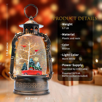 Large Christmas Snow Globes, 13.8" Cardinal Musical Snow Globe 8 Songs 6H Timer Music Box Dual Power Snowglobes for Kids Adults Red Truck Christmas Lantern Lighted Christmas Decor Indoor Gifts