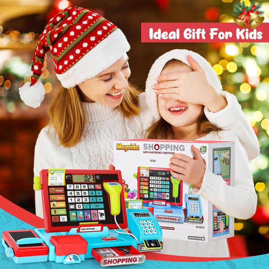 Kids Cash Register Toy Playset, Toddler Prentend Play Store with Real Calculator Cash Register with Scanner/Credit Card/Play Money/Food, Learning Toys for Boys Girls Toddlers(Pink)