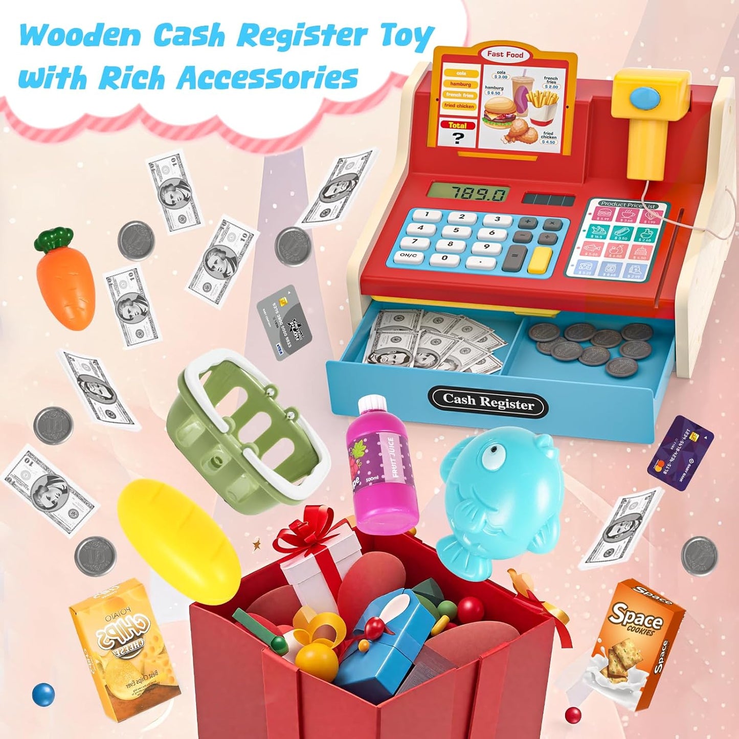 Kids Cash Register Toy Playset, Toddler Prentend Play Store with Real Calculator Cash Register with Scanner/Credit Card/Play Money/Food, Learning Toys for Boys Girls Toddlers(Pink)