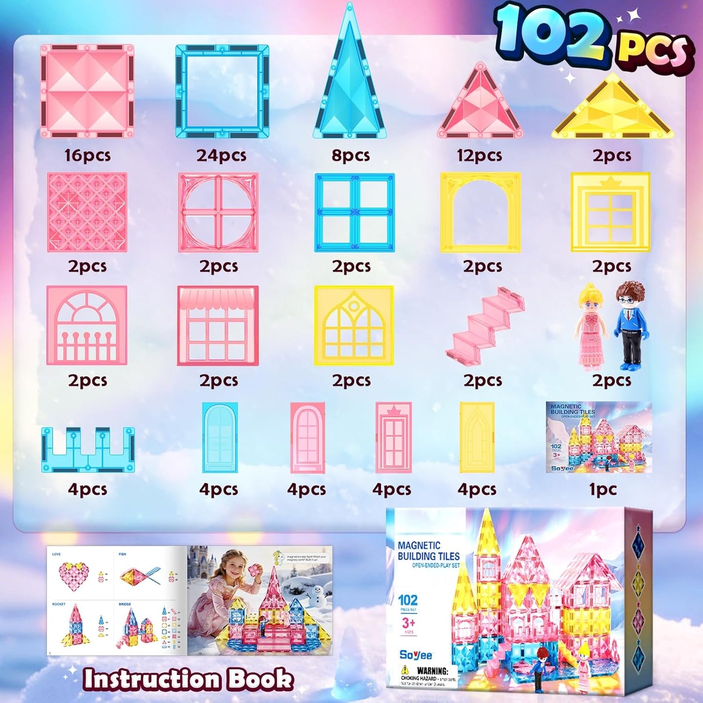 Magnetic Tiles 102pcs with 2 Stairs 2 Dolls Princess Castle Building Girls Toys Age 4-5 6-8 Magnetic Blocks Birthday Xmas Gifts for Girls Toys for 3 4 5 6 7 8+ Year Old