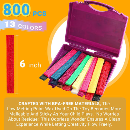 CALPALMY (800 PCS Wax Sticks for Kids, Bendable Wax Yarn Sticks - 13 Neon Colors Doodle Stigs Travel Kit - DIY Crafts and Home Partty, School Project Supplies; Great Sensory Fidget Toy for Kids