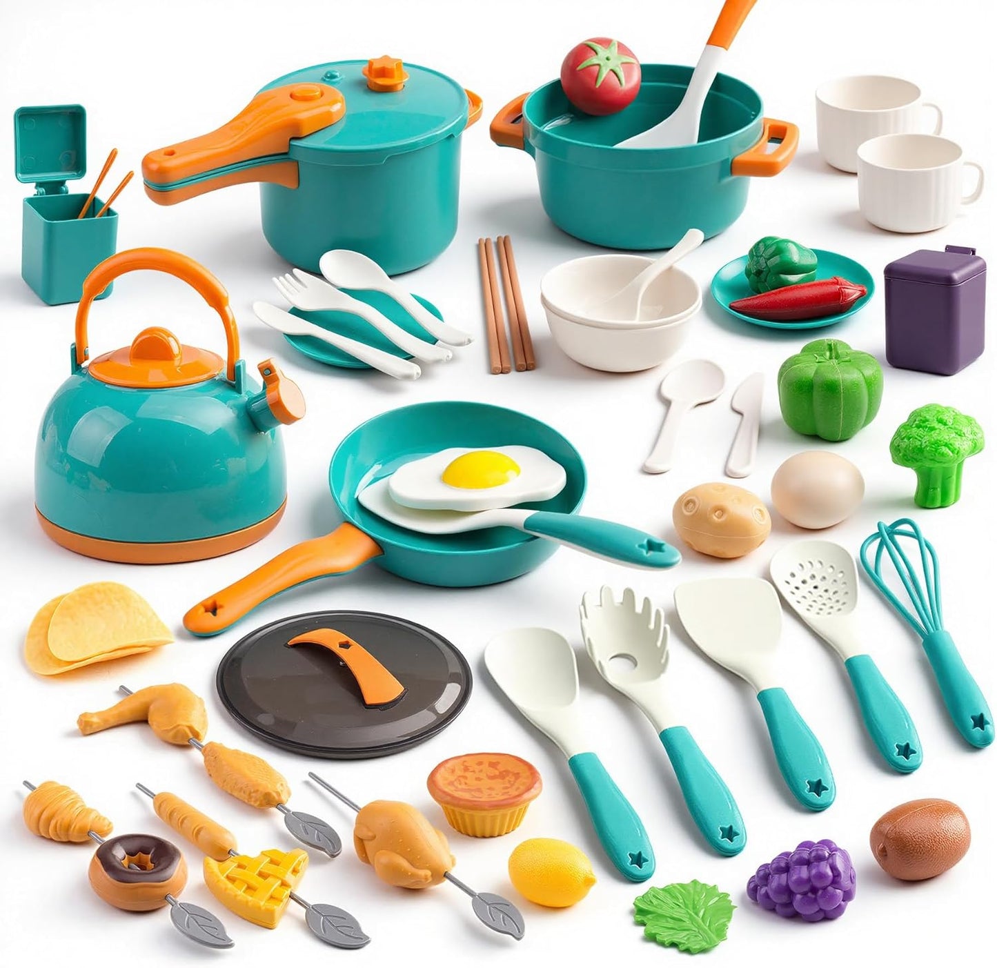 60Pcs Kids Mini Play Kitchen Accessories, Pretend Cooking Play Set with Cookware, Tableware & Fruit & BBQ Sets, Learning Gift for Boys, Girls, Toddlers,Yellow