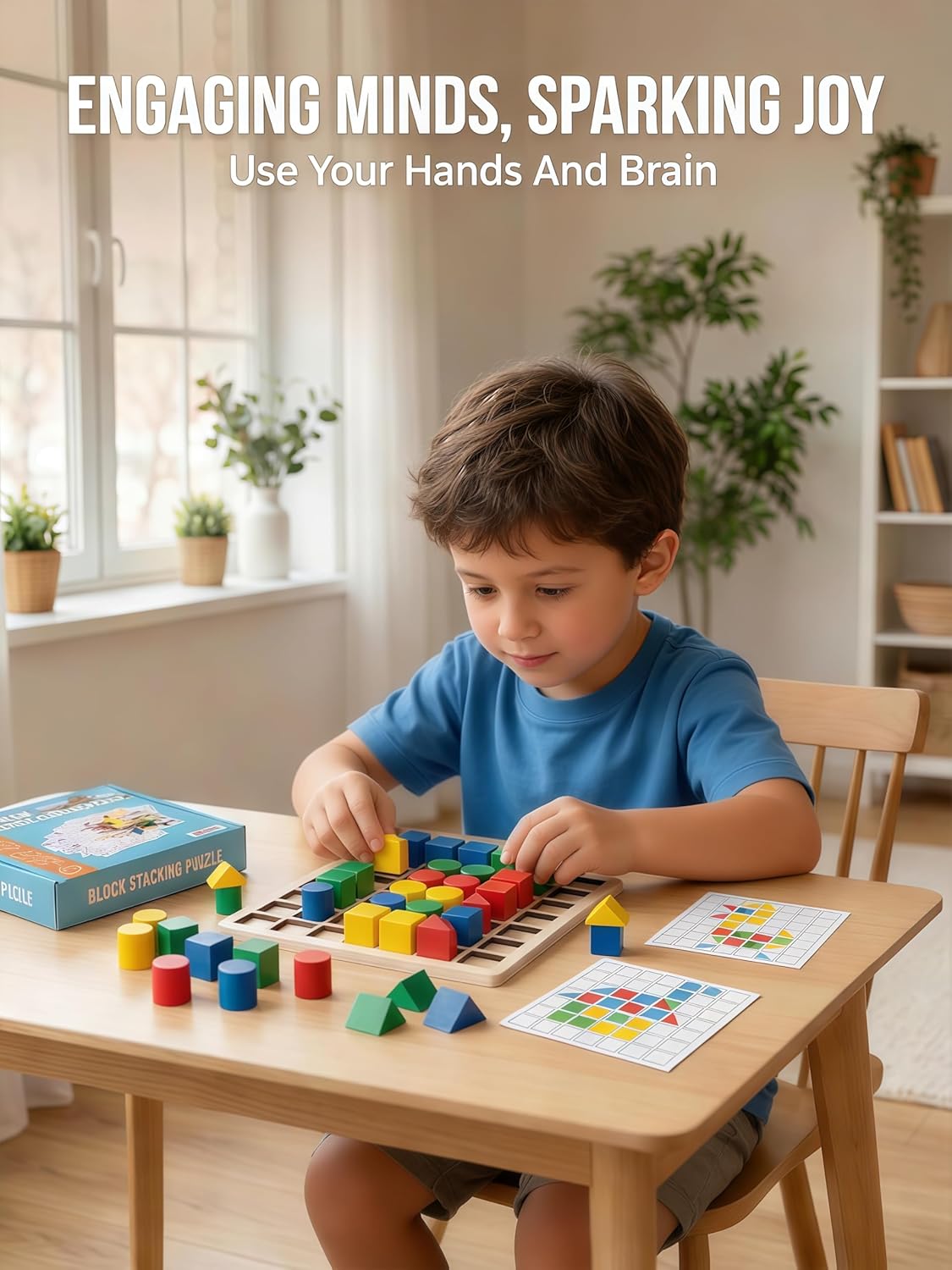 Montessori Toys – Brain Blocks & Tangram Puzzles for Kids Ages 4-8, Learning Resources with Pattern Blocks, Safe Wooden Educational Toy for Toddlers