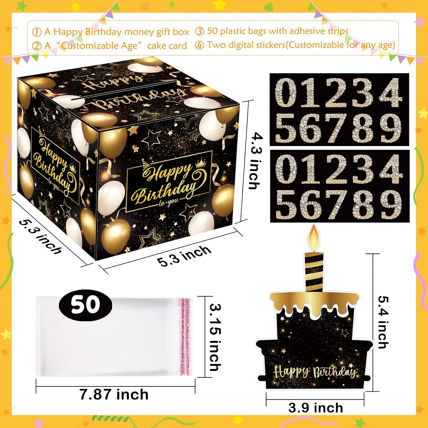 Birthday Money Box for Cash Gift Pull, Surprise Gift Boxes for Money, Money Holder Box with Pull Out Happy Birthday Card and 50Pcs Transparent Bags, Money Gift Ideas for Kids and Adults