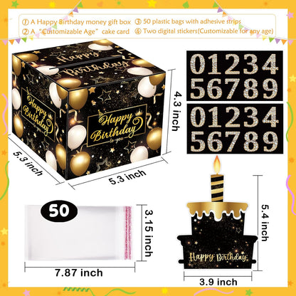Birthday Money Box for Cash Gift Pull, Surprise Gift Boxes for Money, Money Holder Box with Pull Out Happy Birthday Card and 50Pcs Transparent Bags, Money Gift Ideas for Kids and Adults