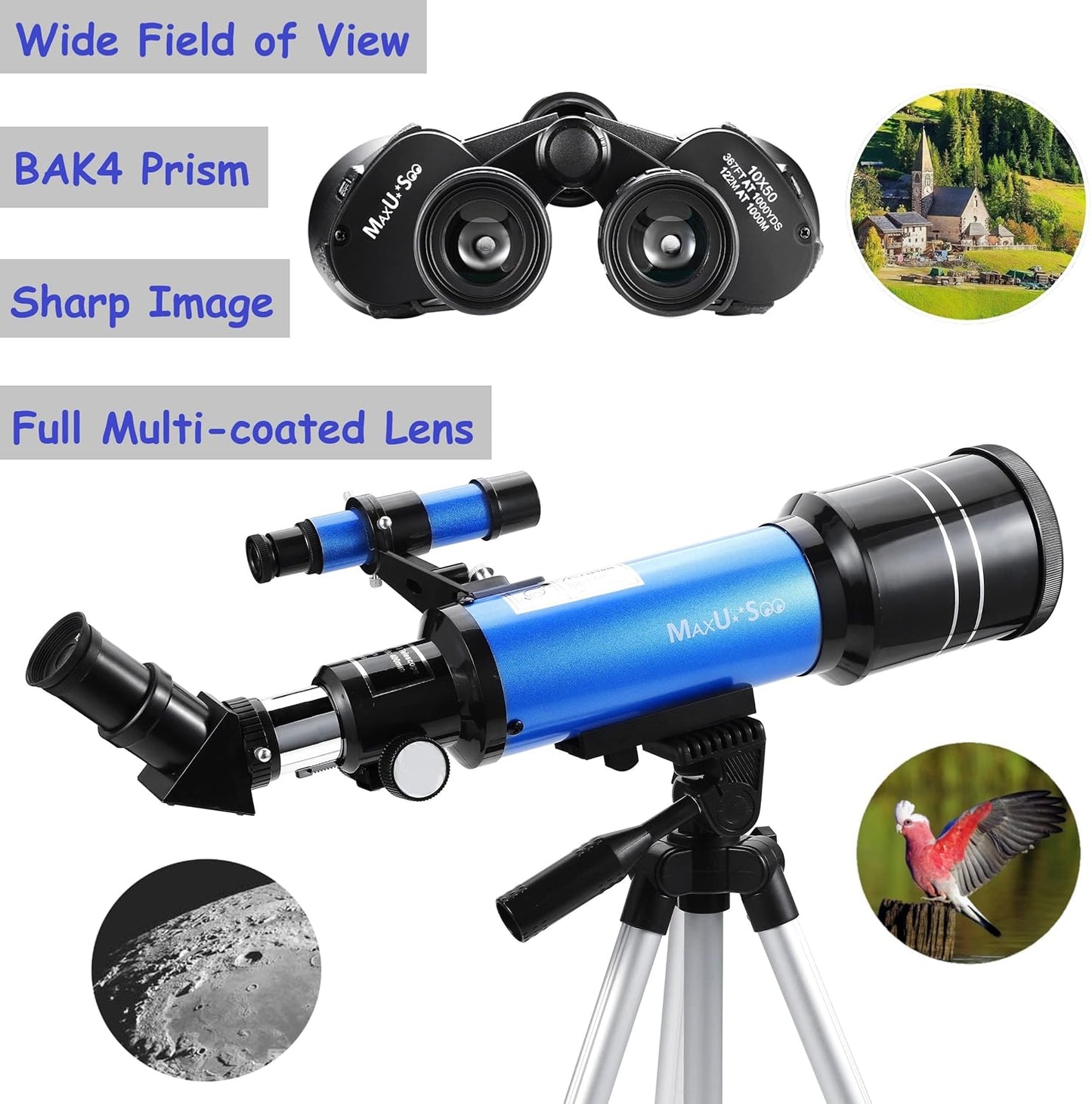 Lunar Telescope for Kids and Astronomy Beginners, Refractor Telescope with Finder Scope and 3 Eyepieces, Travel Telescope with Compact HD Binoculars for Moon Viewing Bird Watching Sightseeing