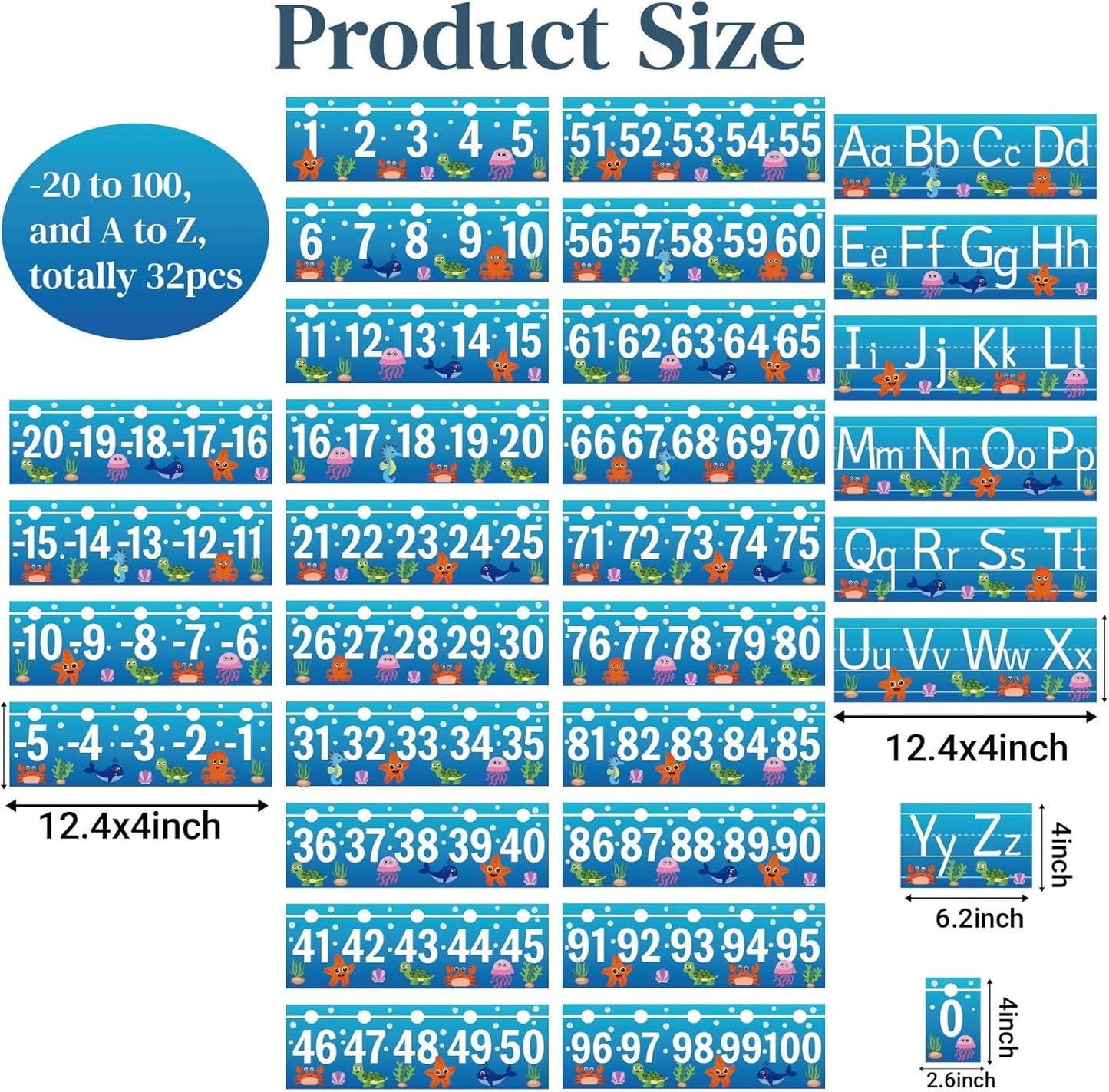 32Pcs A to Z Alphabet and -20-100 Number Cards Boho Bulletin Board Under The Sea Ocean Summer Sunflower Bee Theme Classroom Decorations Math Posters for Wall School Teacher Supplies (Sea Number)