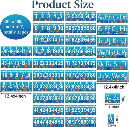 32Pcs A to Z Alphabet and -20-100 Number Cards Boho Bulletin Board Under The Sea Ocean Summer Sunflower Bee Theme Classroom Decorations Math Posters for Wall School Teacher Supplies (Sea Number)