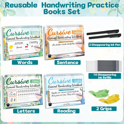 gisgfim 4 Pack Grooved Cursive Handwriting Workbook Kit Magic Reusable Grooved Handwriting Practice with Disappearing Ink Pens Cursive Workbook for Kids Number Poems Jokes & Riddles Inspiring Quotes