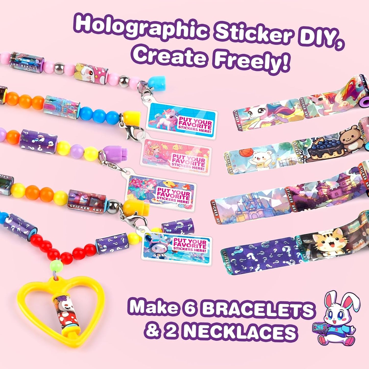 Plunack DIY Sticker Jewelry Making Kits Bracelets for Kids, Stickers Set, Includes Beads & Charms & Pendants, 320Pcs Mini Holographic Stickers, Bracelet Making Kit for Girls 6-12 Birthday Gift