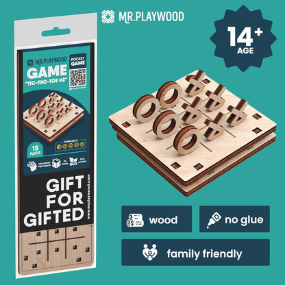 -Wooden Tic Tac Toe Game - 3D Mechanical Wood Model Board Games - Portable Pocket Size Travel Game for Kids & Adults - Coffee Table Games & Home Decor - 15 Piece DIY Logic Puzzle