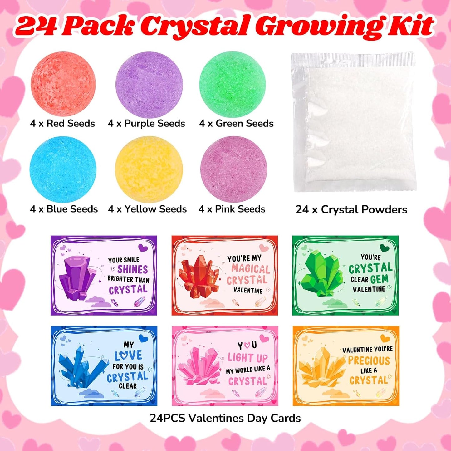 24PCS Crystal Growing Kit Valentines Day Gifts for Kids, Science Kits with Valentines Day Cards for Kids School Exchange STEM Science Experiments Planting Crystal Classroom Party Favors Boys Girls