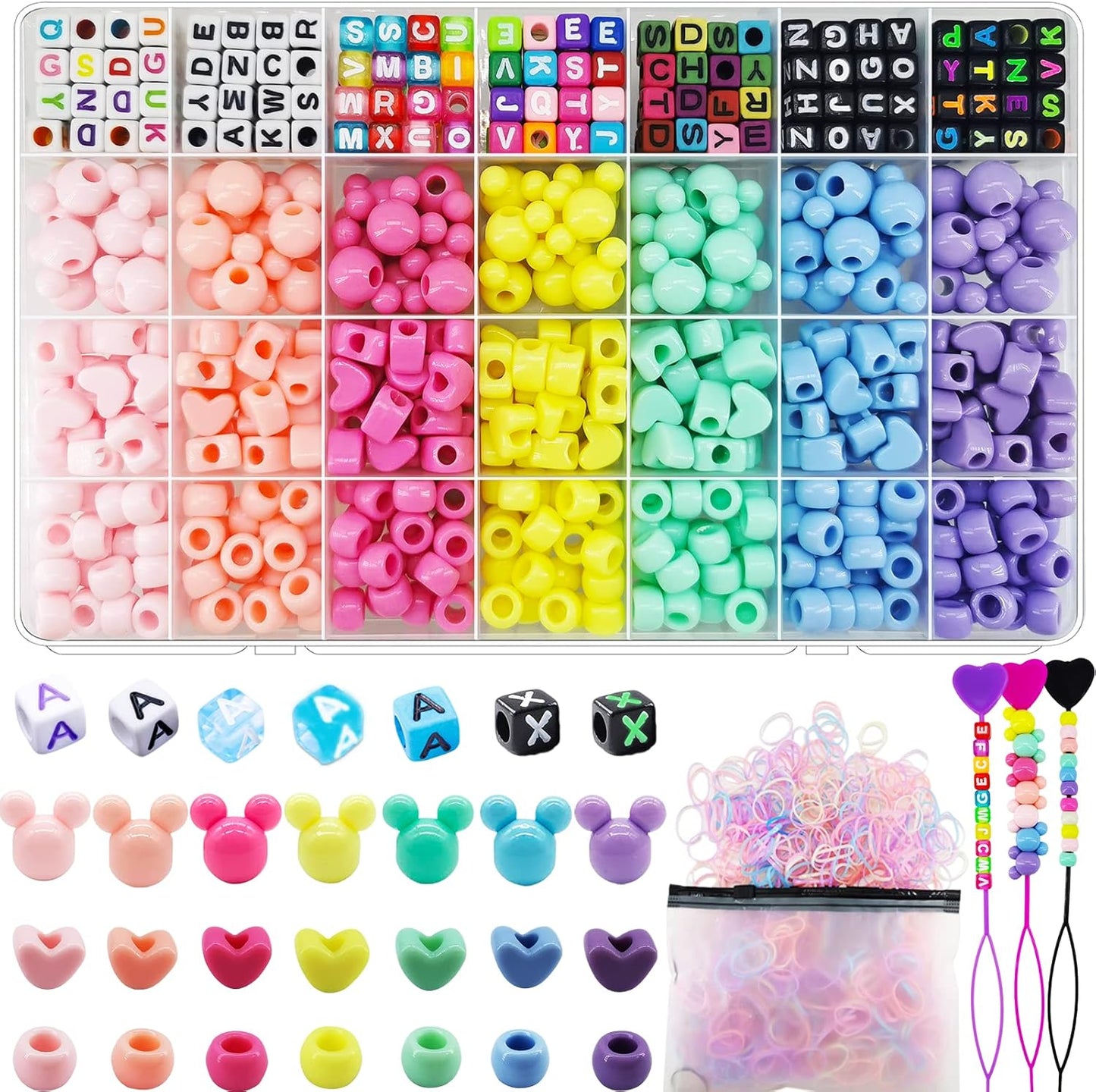 JJzxwish 1605 Pcs Hair Beads for Braids with Elastic Rubber Band Threaders Kit, Candy Color Acrylic Mickey Heart Star Alphabet Beads Pastel Pony Bead Kandi Bead for Bracelet Jewelry Making DIY Craft