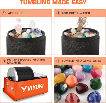 Professional Rock Tumbler Kit - Double Drum 6LB Rock Polisher(Double Barrel), Includes Rough Gemstones, 8 Polishing Grits, Jewelry, Learning Guide, Ideal Gift for Adults & Collectors