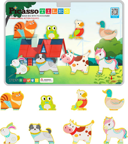 PicassoTiles Magnetic Tile Building Blocks Add On 8 Magnetized Action Figures Construction Vehicles & Zoo Animal Theme Compatible with Magnet Tiles Sets STEM Learning Toy for Boys & Girls Age 3+ PTA21