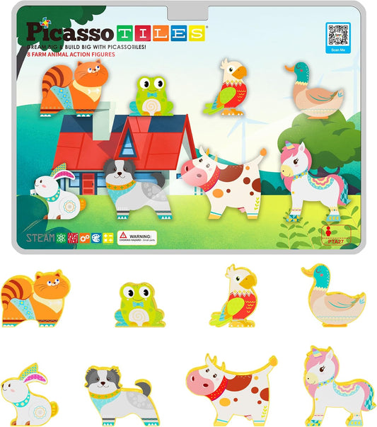 PicassoTiles Magnetic Tile Building Blocks Add On 8 Magnetized Action Figures Construction Vehicles & Zoo Animal Theme Compatible with Magnet Tiles Sets STEM Learning Toy for Boys & Girls Age 3+ PTA21