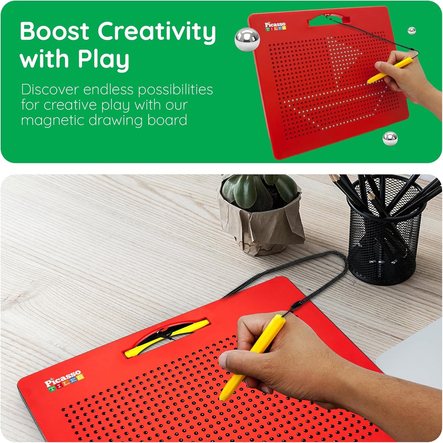 PicassoTiles 2PK 4-in-1 Magnetic Drawing Board 12x10 inch Large Magnet Tablet Pad with 4 Facings Lowercase & Uppercase Alphabets, Numbers, & Freestyle STEM Learning Writing Reading Playboard PTB06