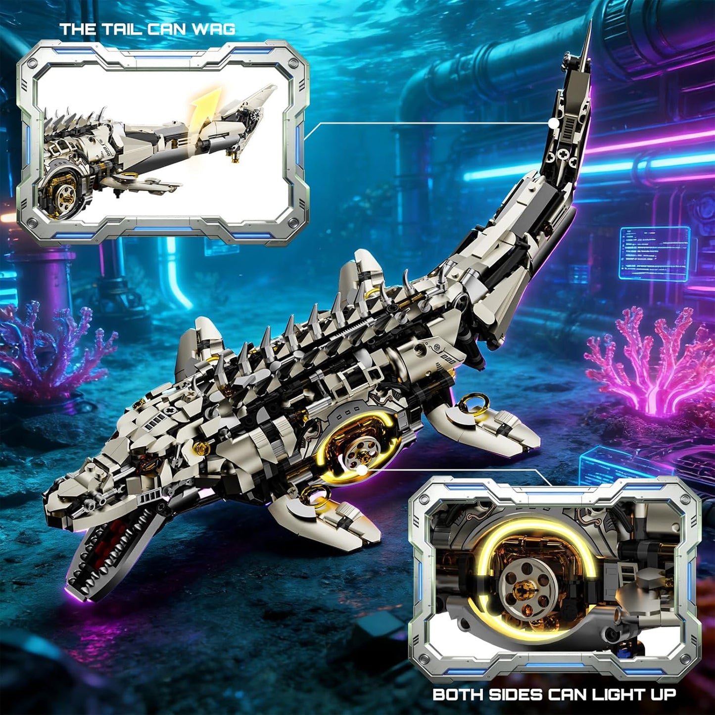 Mechanical Mosasaurus Building Block Set Precision Gear System Display Stand Included STEM Building Block