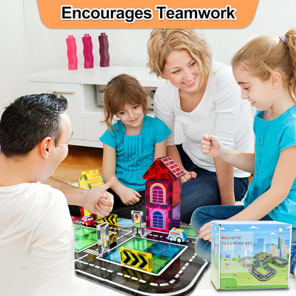 Drofex 42pcs Magnetic Tiles Road, Magnetic Building Blocks City Construction Toys for 3+Year Old Boys Girls, Kids Montessori Toys for Toddler, STEM Learning Gifts