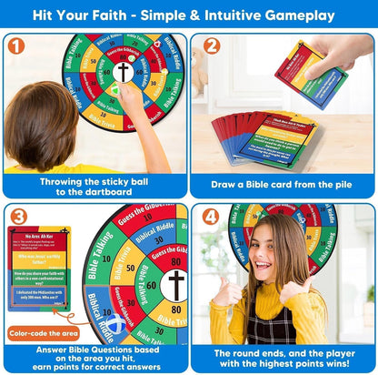 Garybank Faith Darts Bible Trivia Games for Kids Adult Family, 66 Flash Cards W/ 260+ Questions, Christian Bible Study Supplies for Youth Group, Teens, Disciples, Church, Kids Birthday Gifts