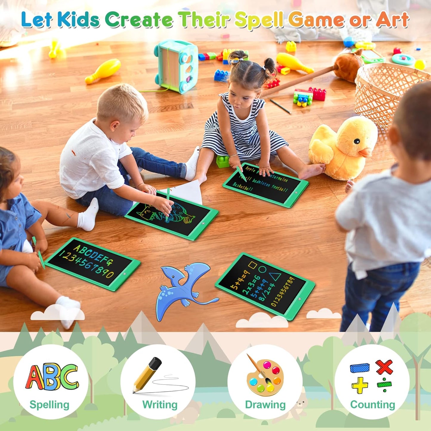 FLUESTON LCD Writing Tablet for Kids, 10 Inch Doodle Board, Colorful Drawing Pad for Toddler, Educational Travel Toy Gifts for 3-8 Year Old Girls Boys, Erase Lock Writing Board