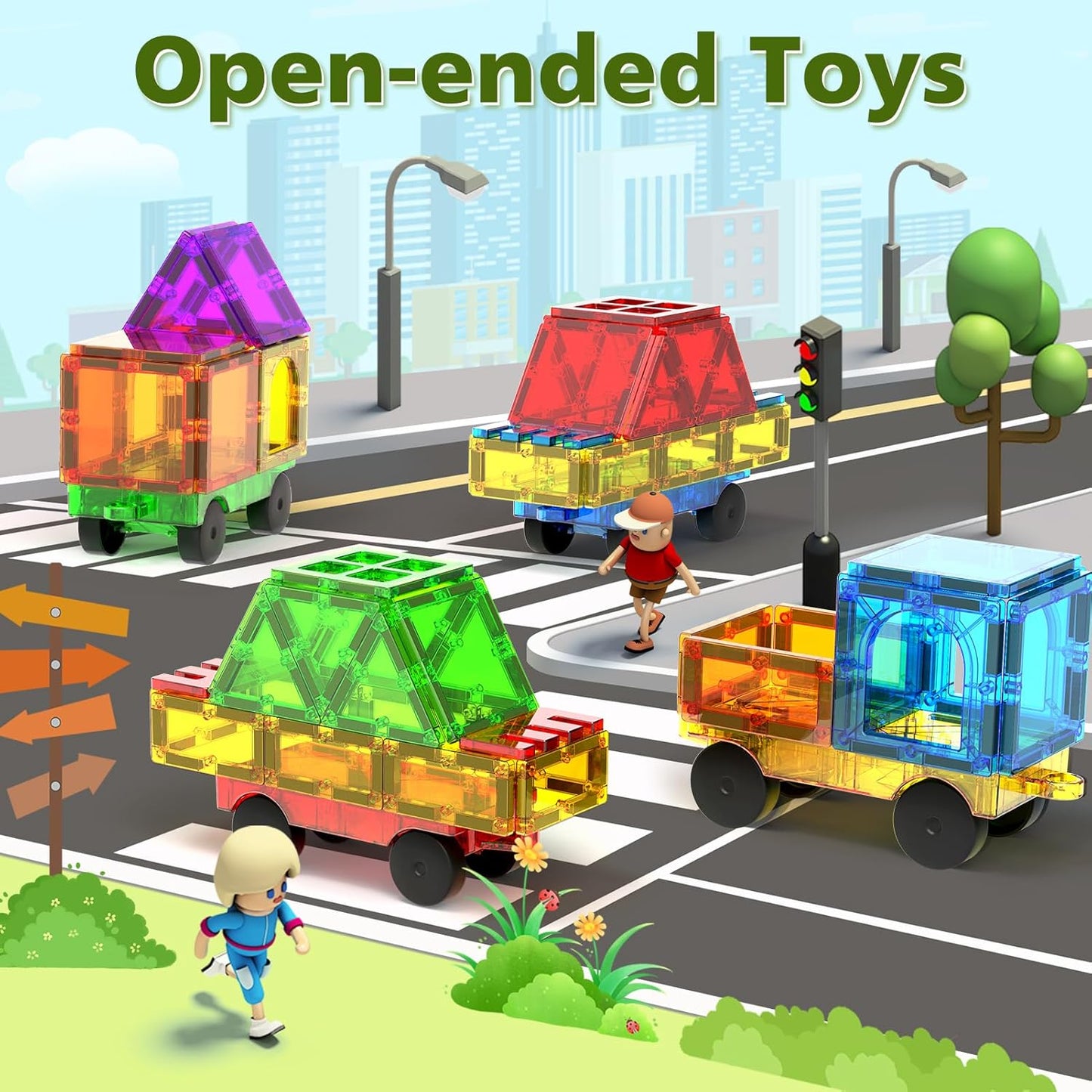 Magnetic Tiles Cars Construction Set, 4 PCS Magnet Cars Magnetic Building Blocks Toy for Kids Ages 4-8 3-5 Magnet Bricks Truck Kit Educational Sensory Toys Gifts for 3+ Year Old Boys & Girls Christmas