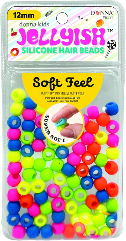Donna Kids Jellyish Silicone Hair Beads – 12mm Super Soft Noiseless Beads for Braids, Ponytails & Kids Hairstyles – with Threading Tool Pain-Free, Flexible & Tangle (Clear Mix)