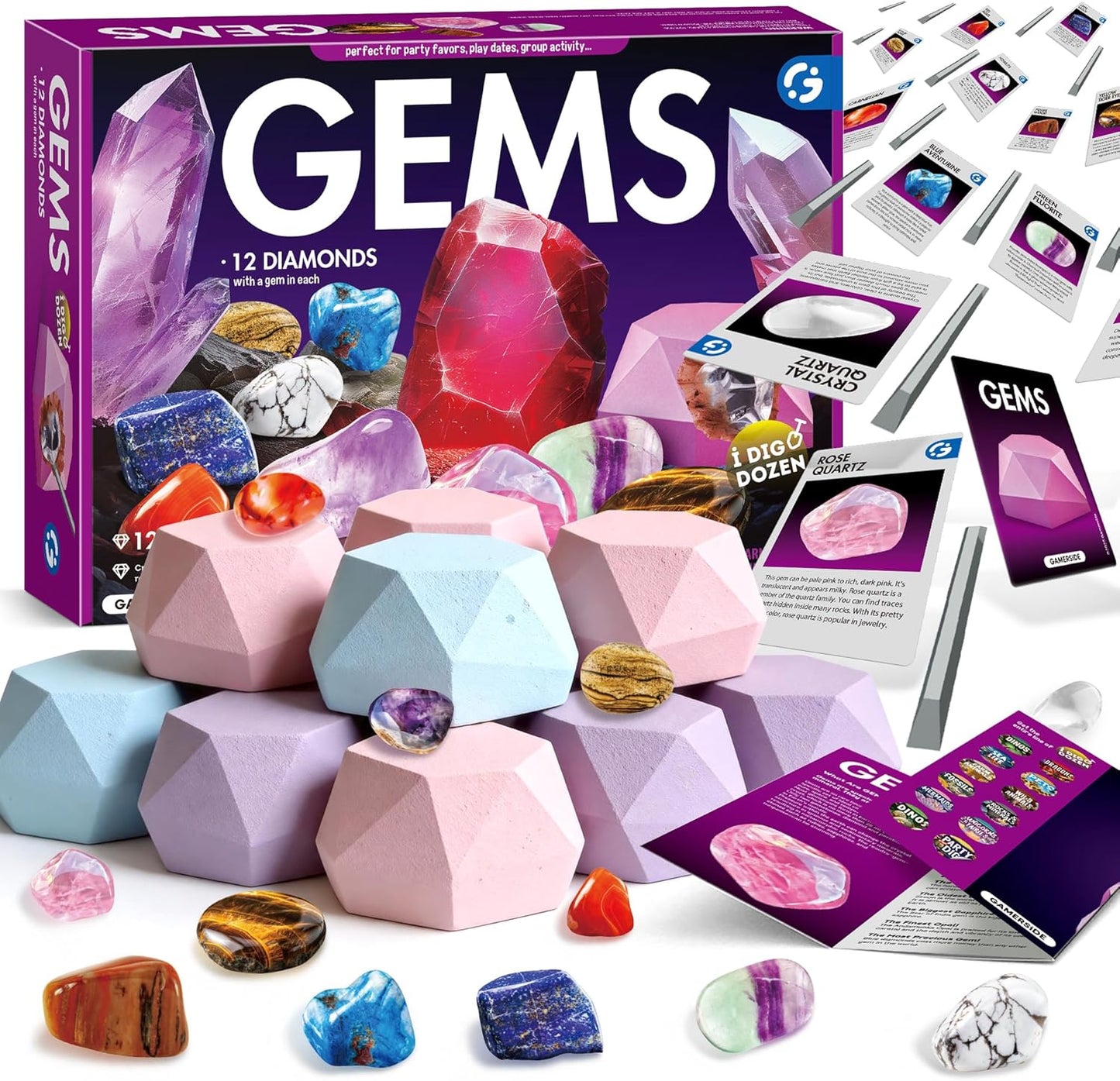 Gamerside Gemstone Dig Kit, Dig Up 12 Real Rocks and Minerals, Gem Digging Kit, Toy Geology Archaeology Excavation Kits for Kids Age 6-12 Years, Educational Gift for Boys and Girls