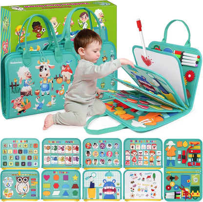 Montessori Busy Board - Sensory Learning Toys for Toddlers 3-6 Years-10 Pages-32 Activities, Airplane Car Travel Educational Toys for Autism, 3 Years Boy Birthday Gift (Cyan)