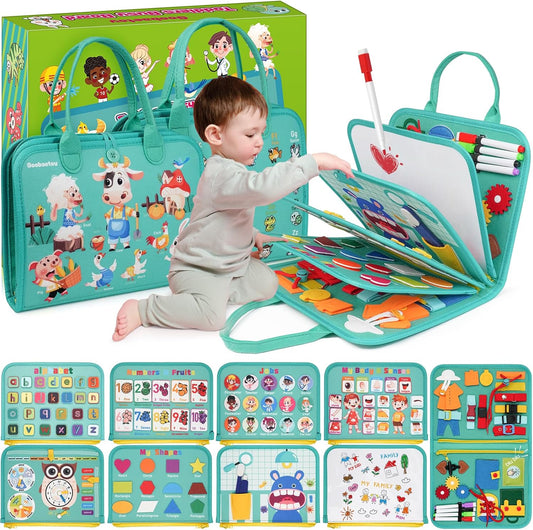 Montessori Busy Board - Sensory Learning Toys for Toddlers 3-6 Years-10 Pages-32 Activities, Airplane Car Travel Educational Toys for Autism, 3 Years Boy Birthday Gift (Cyan)