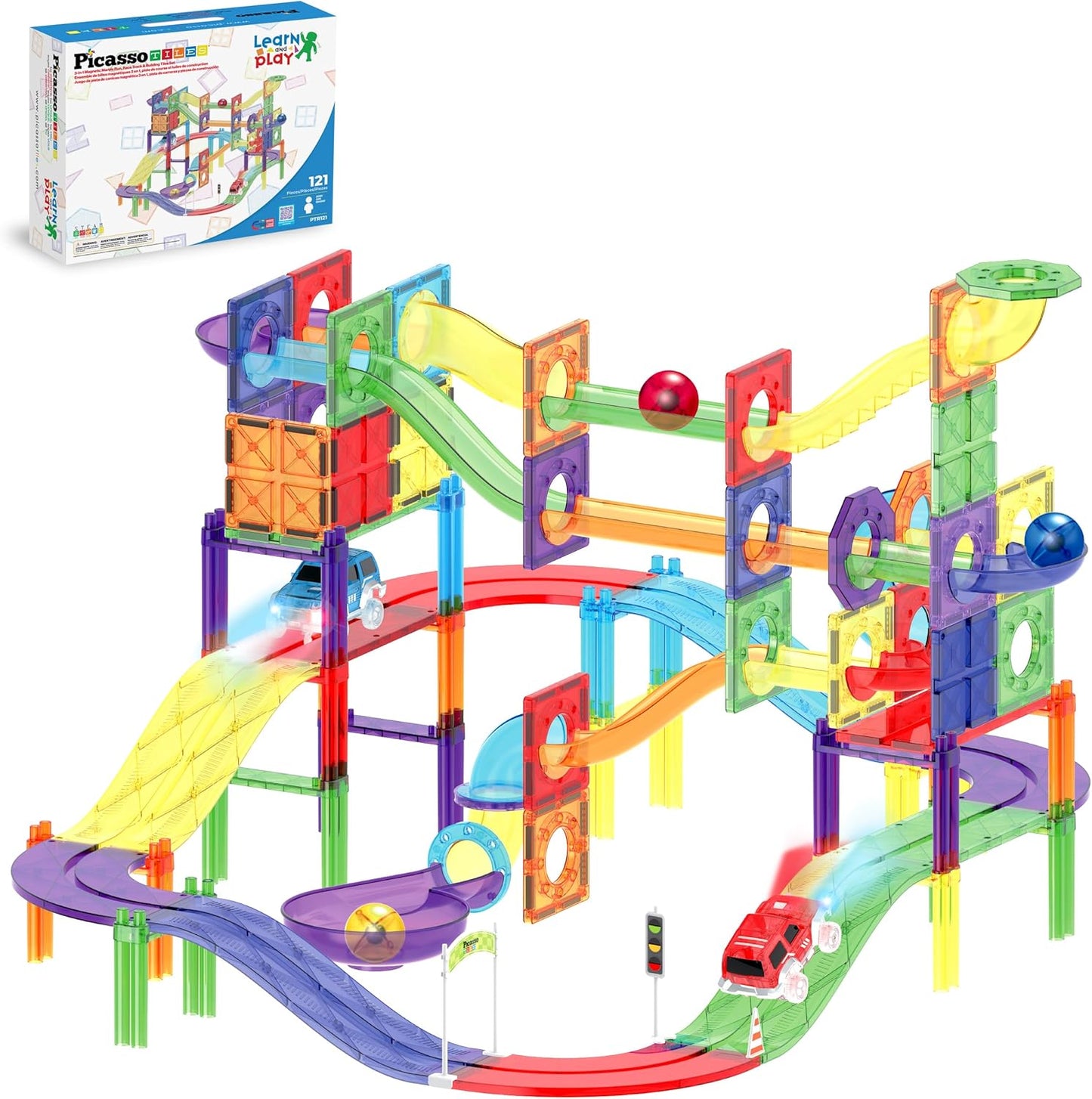PicassoTiles 121pc Magnetic Tile Race Track Marble Run Magnet Tiles 3-in-1 Playset Car Racing Construction Set STEM Learning Early Education Building Toy Cars for School Toddlers Boys Girls Ages 3+