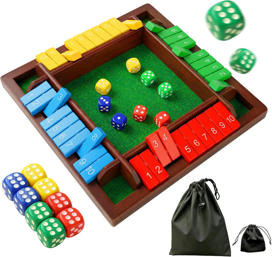 Shut The Box Dice Game for 2-4 Players, Wooden Board Tabletop Math and Strategy Game with 8 Dice and Velvet Storage Bag, Classic Family Board Game for Home, Party or Pub, Brown