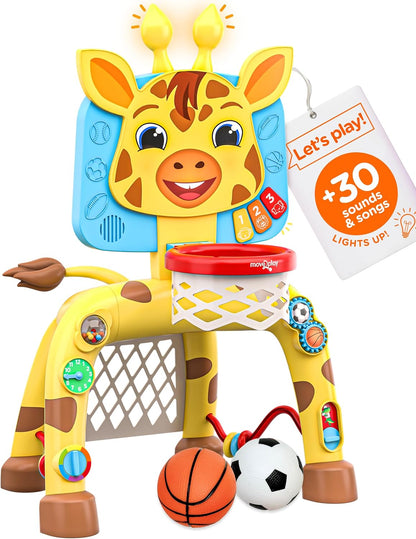 Move2Play, Dinosaur Basketball Hoop & Soccer Goal Activity Center | 30+ Sounds & Songs + 5 Lights | 1 2 3 Year Old for Boys and Girls | Toy & Gift for Baby & Toddlers