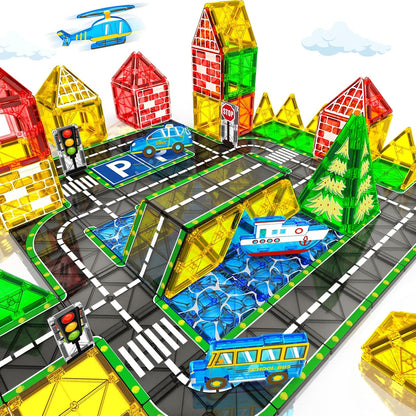 KAEILORU Magnetic Tiles Road Set with Car Magnet Building Tile Toys for Kids Ages 3-5 4-8 5-7 Magnetic Blocks Expansion Pack STEM Construction Valentines Toys Boy Girl Toddler Birthday Gift 42pcs