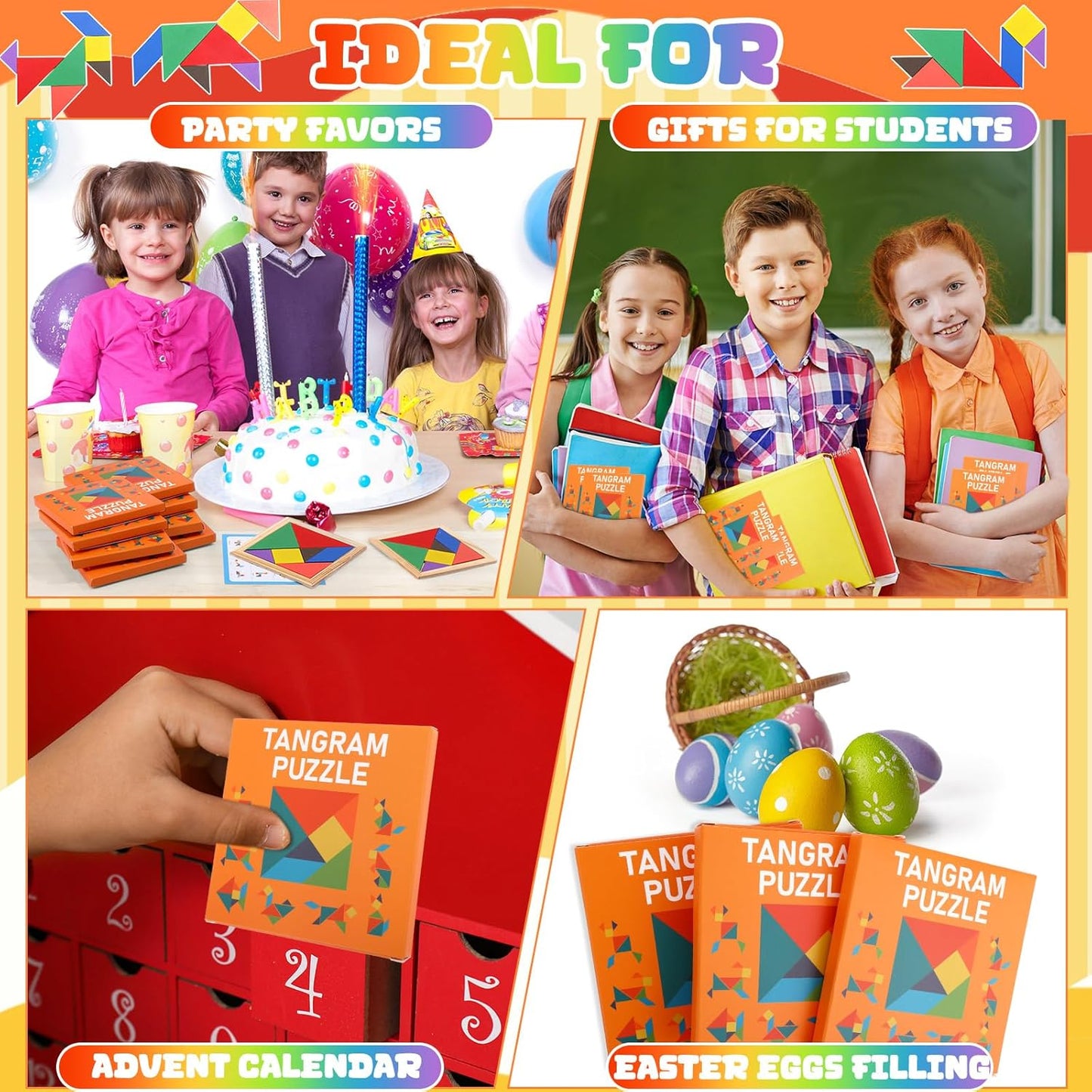 Dunzoom 50 Pack Tangram Puzzle Wooden Pack Bulk Kid Party Favors Stem Jigsaw Game Educational Shape Puzzle Toy Goodie Boxes Stuffers for Kids 4-8 Classroom Prize Reward Birthday (Vibrant Bright)