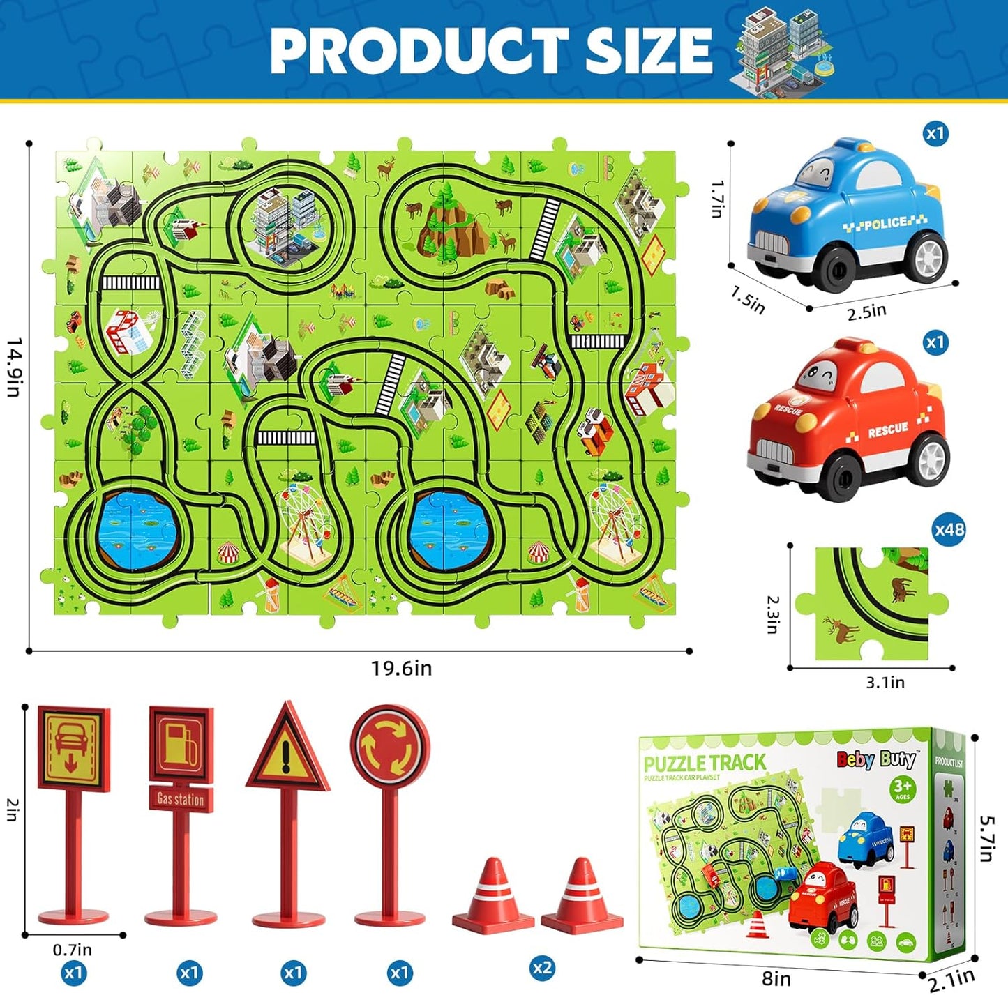 Beby Buty 64PCS Puzzle Track Car Set Toys for Kids Boys, Toddler Toys Gifts for 3 4 5 Year Old, Floor Puzzle Tracks Car for Boys Ages 3-5 4-6, for 3 4 5 6 Year Old