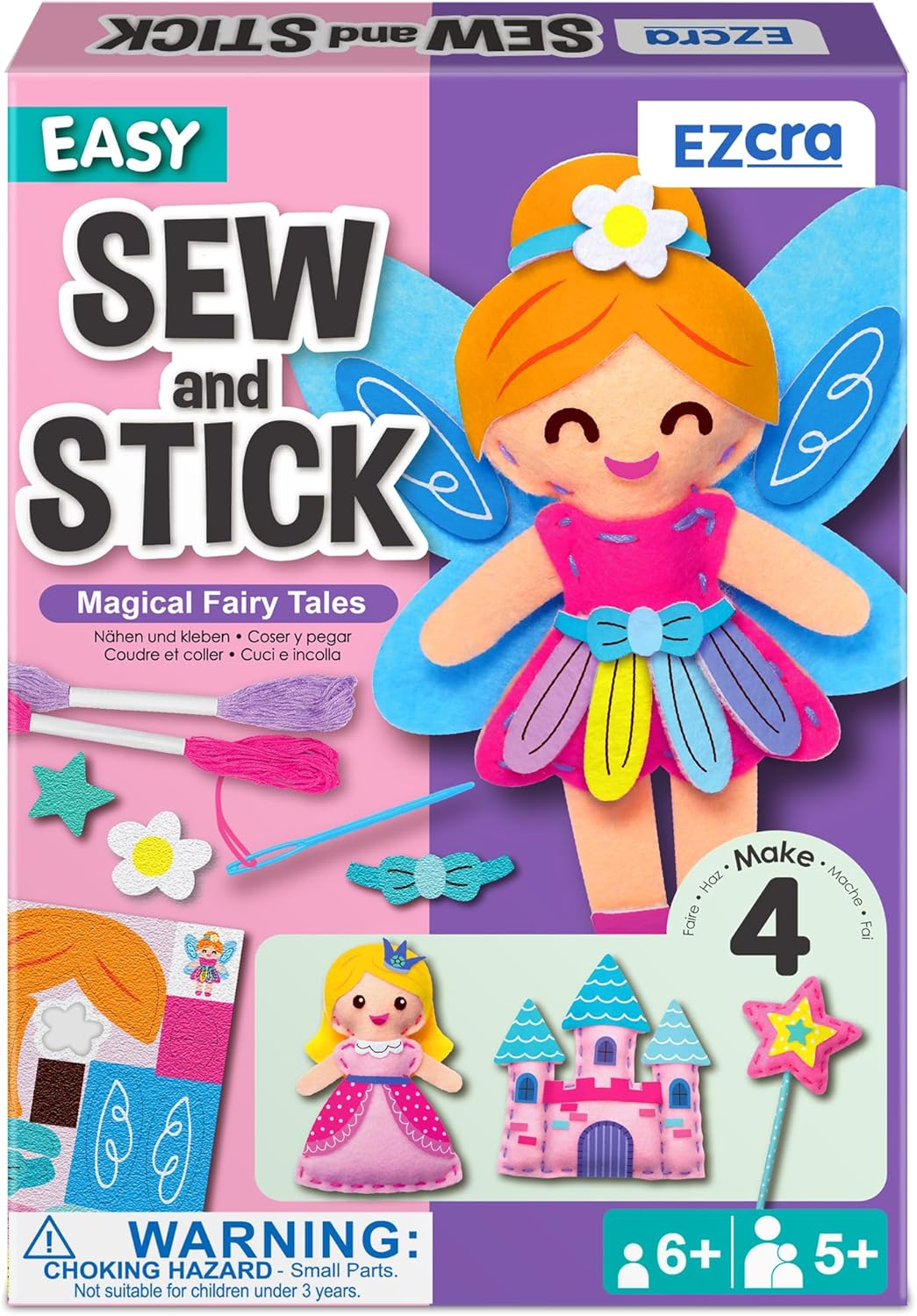 EZCRA Fairy Sewing Kit for Kids Ages 4-8, 4 Easy Projects, No-Mess Learn-to-Sew Arts & Crafts with Felt Stickers for Beginners
