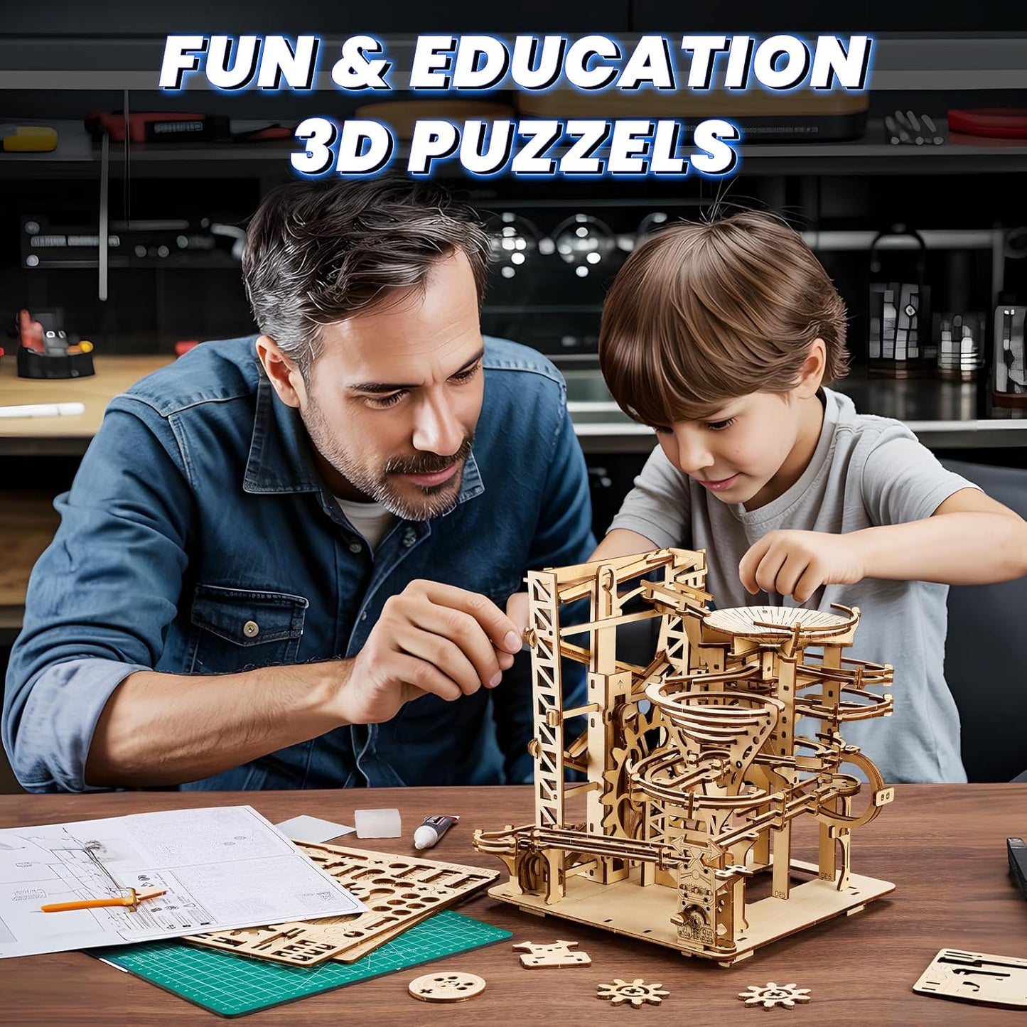 3D Wooden Puzzles for Adults: 371pcs Wood Mechanical Marble Run Model Kits with Roller Coaster Building Set for Adults - 3D Brian Teaser Desk Toys Wooden Puzzles for Men Women Hobbies Gifts