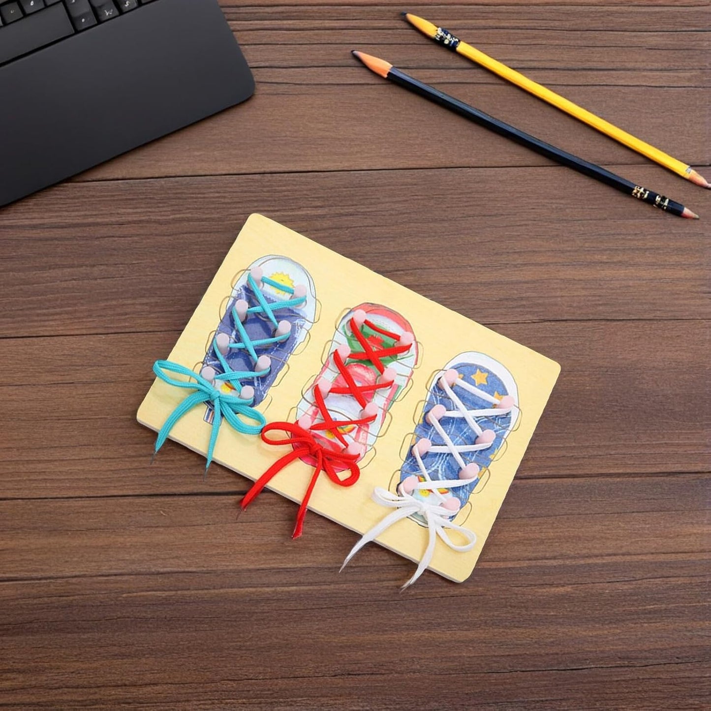 Toyvian Shoelace Threading Teaching Toy 11.81X8.66In Wooden Shoelace Board for Kids Learn to Tie Shoelaces Practice Shoe Tying Educational Toddler Toy for Fine Motor Skills Development