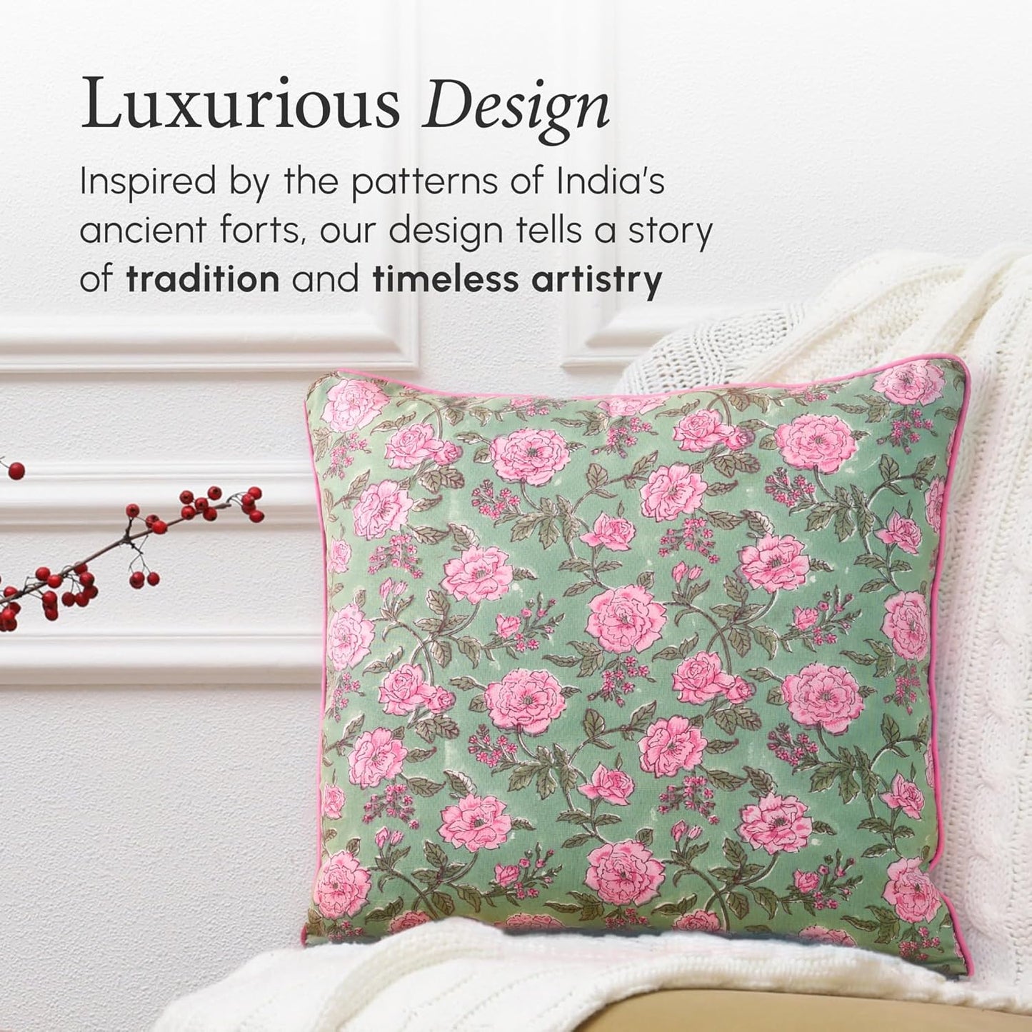 CPC 100% Cotton Throw Pillow Covers 18x18 Inch, Set of 2 Green Block Print Pattern Couch Pillow, Cute Boho Decorative Pillows for Living Room, Bedroom with Hidden Zipper- Agate Green